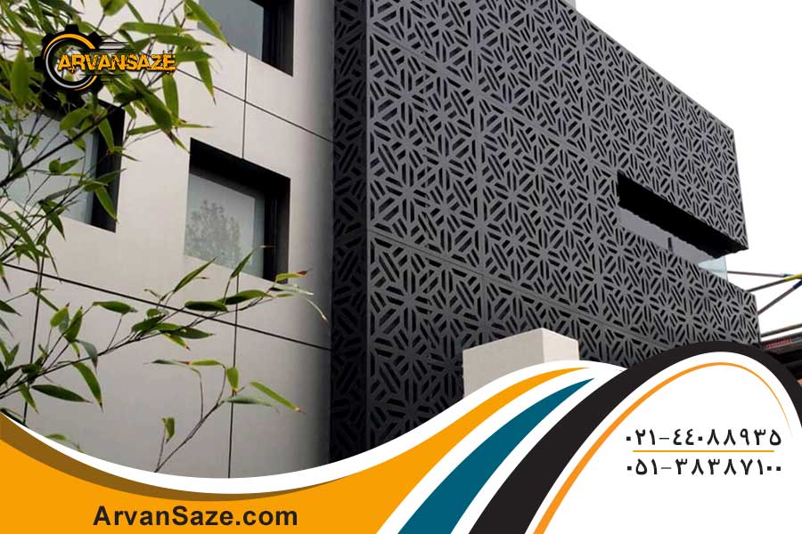 نمایی از ساختمان مدرن با ترکیب سنگ و فلزات لیزری